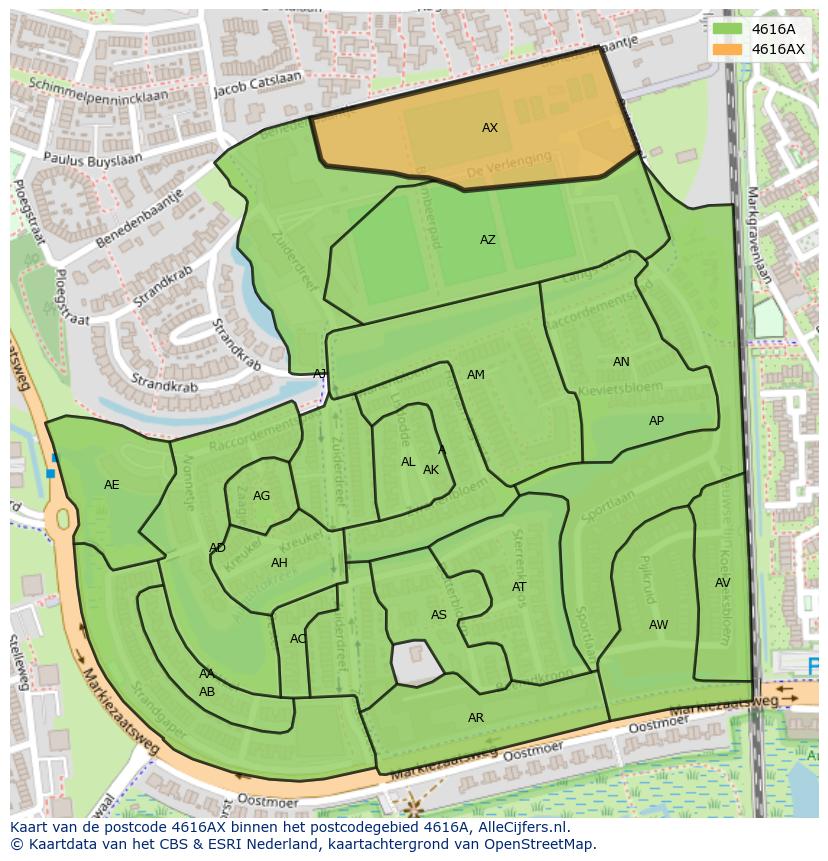 Afbeelding van het postcodegebied 4616 AX op de kaart.