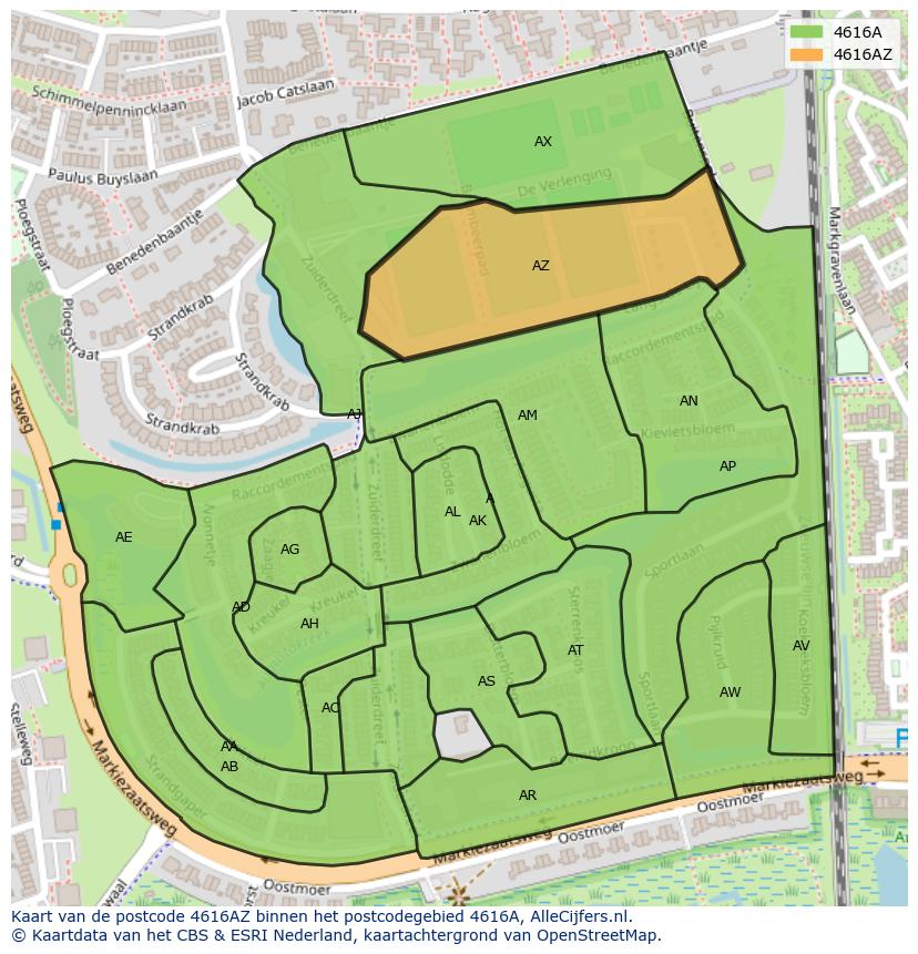 Afbeelding van het postcodegebied 4616 AZ op de kaart.