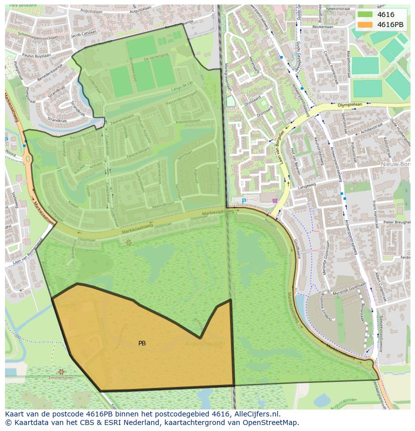 Afbeelding van het postcodegebied 4616 PB op de kaart.