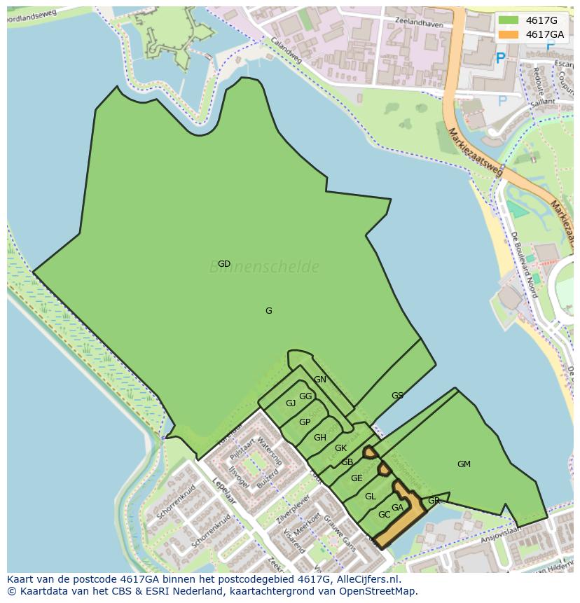 Afbeelding van het postcodegebied 4617 GA op de kaart.