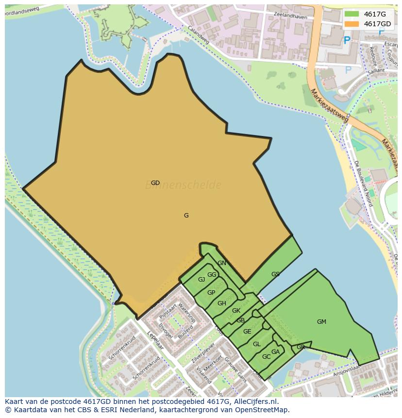 Afbeelding van het postcodegebied 4617 GD op de kaart.