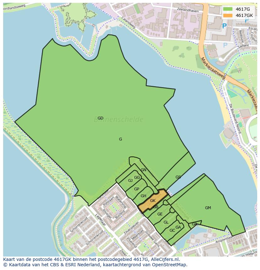 Afbeelding van het postcodegebied 4617 GK op de kaart.