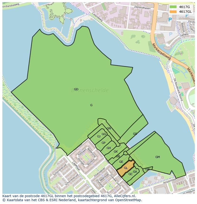 Afbeelding van het postcodegebied 4617 GL op de kaart.