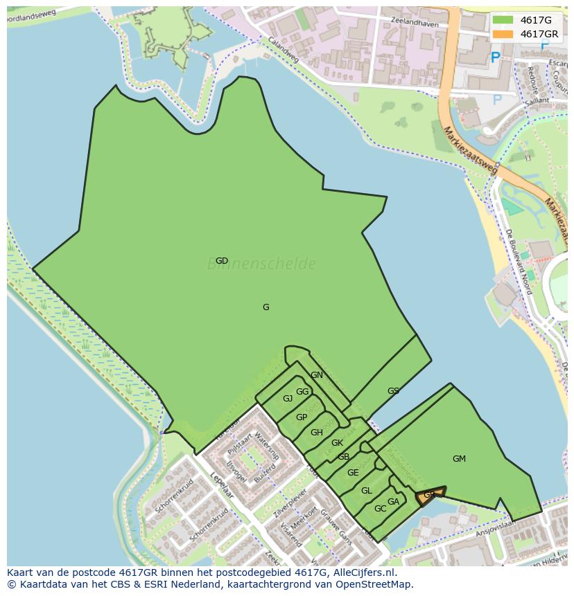 Afbeelding van het postcodegebied 4617 GR op de kaart.