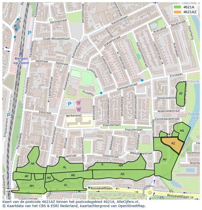 Afbeelding van het postcodegebied 4621 AZ op de kaart.