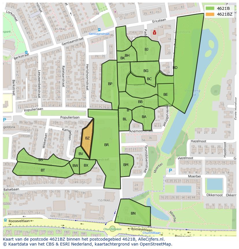 Afbeelding van het postcodegebied 4621 BZ op de kaart.