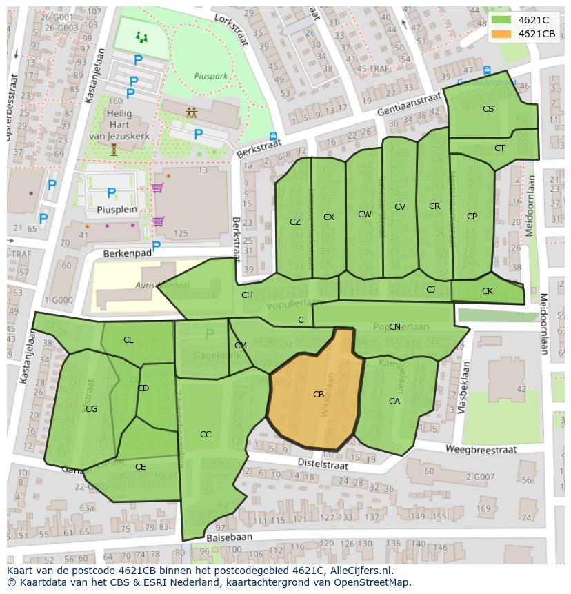Afbeelding van het postcodegebied 4621 CB op de kaart.