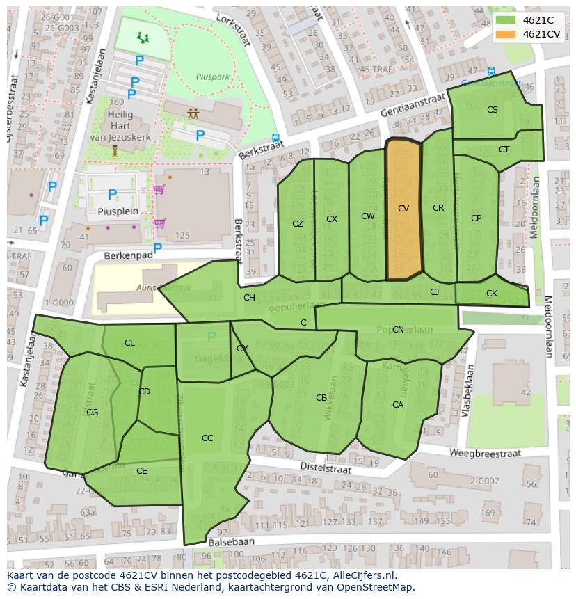 Afbeelding van het postcodegebied 4621 CV op de kaart.