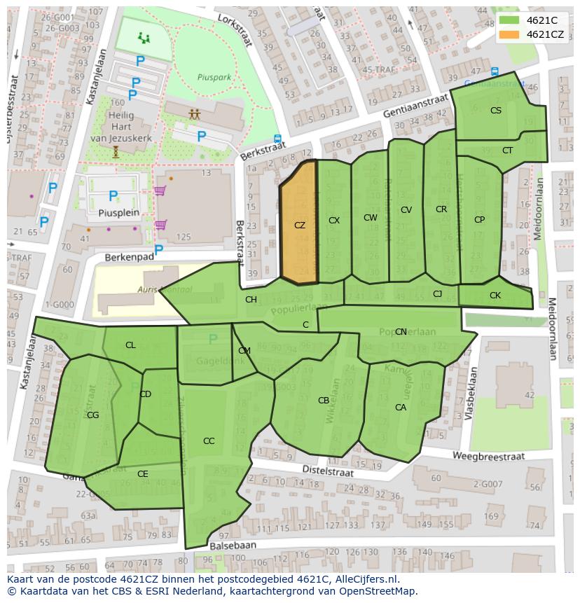 Afbeelding van het postcodegebied 4621 CZ op de kaart.