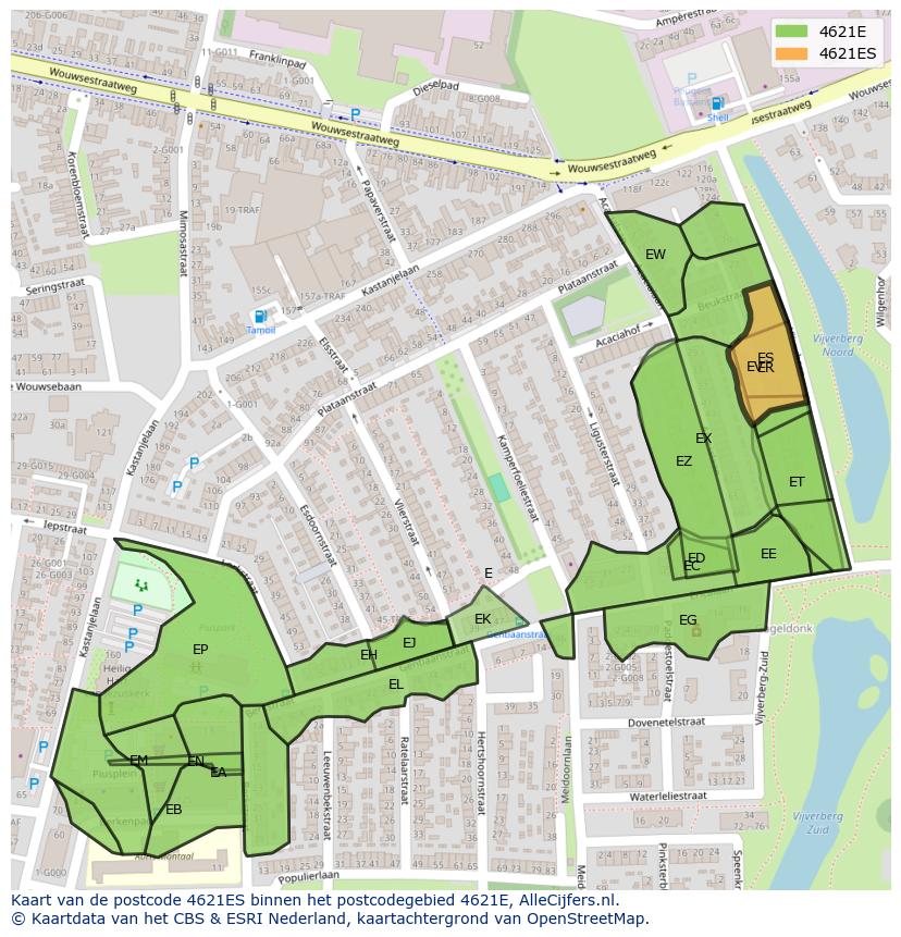 Afbeelding van het postcodegebied 4621 ES op de kaart.
