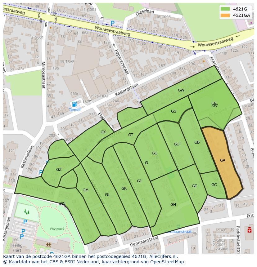 Afbeelding van het postcodegebied 4621 GA op de kaart.