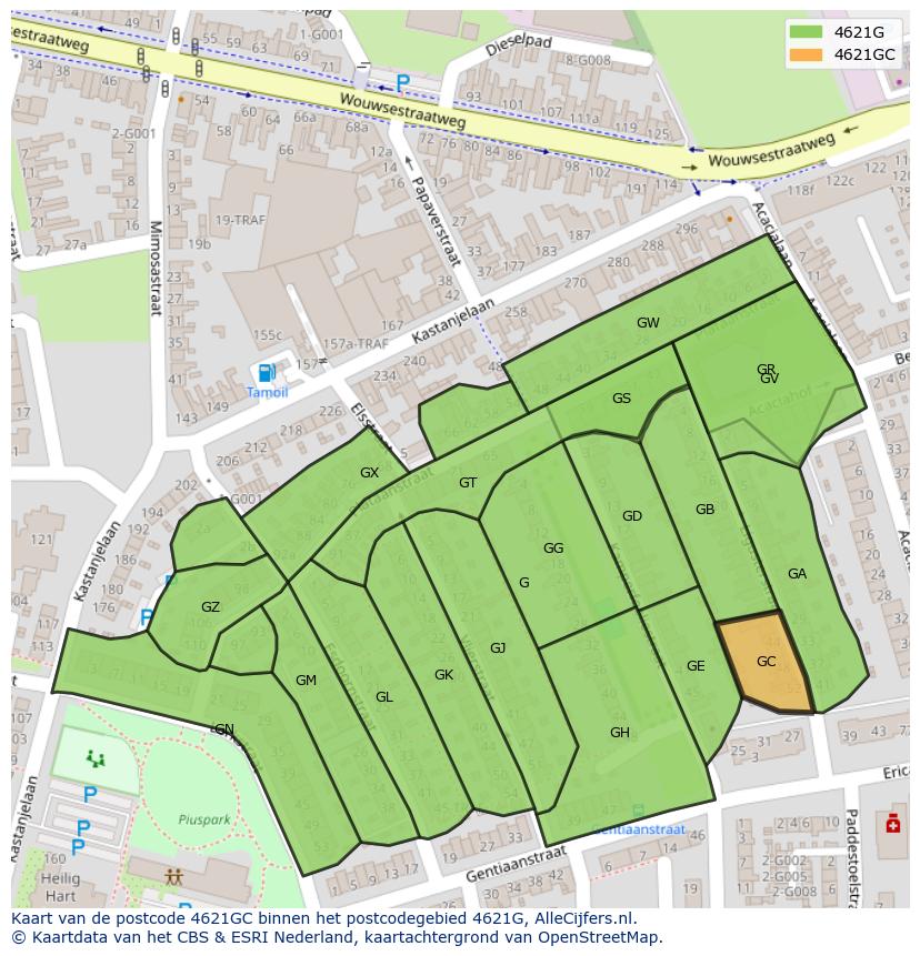 Afbeelding van het postcodegebied 4621 GC op de kaart.