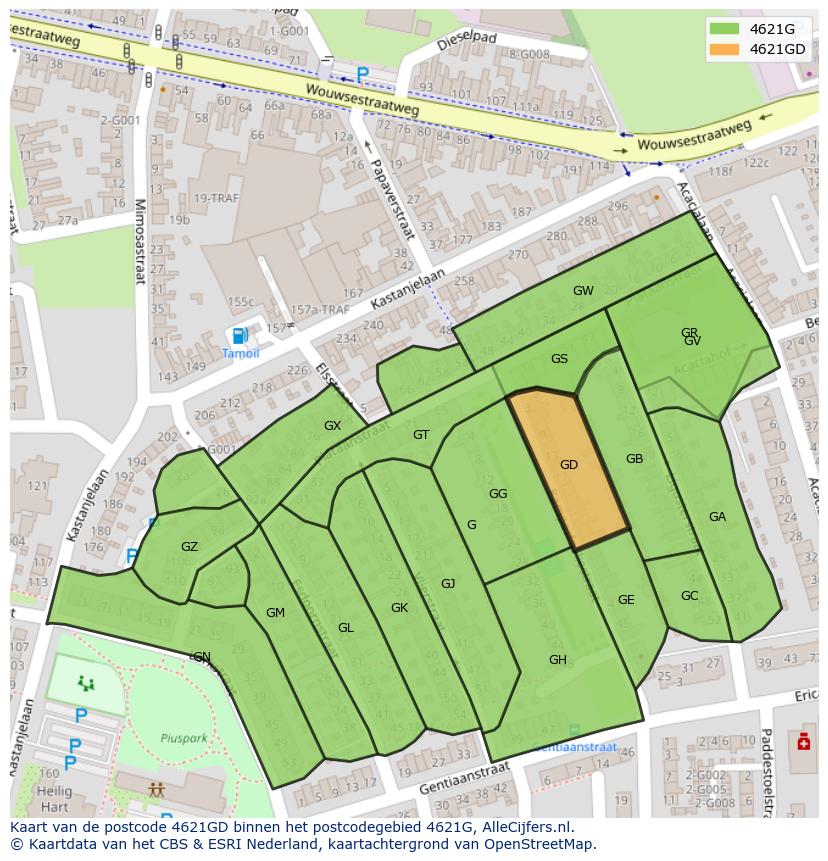 Afbeelding van het postcodegebied 4621 GD op de kaart.
