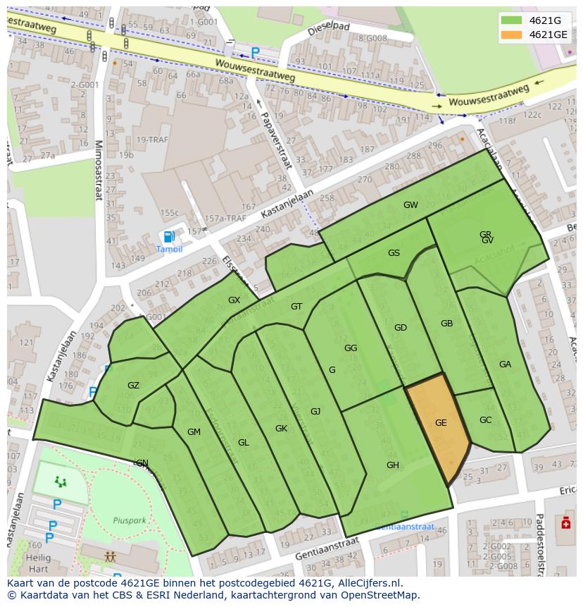 Afbeelding van het postcodegebied 4621 GE op de kaart.