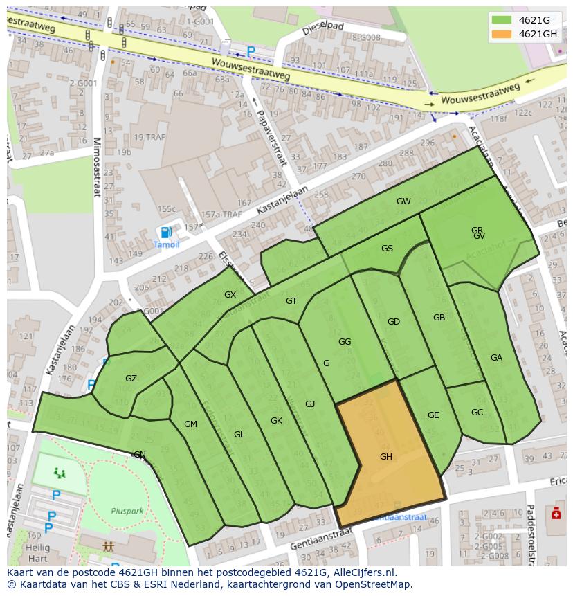 Afbeelding van het postcodegebied 4621 GH op de kaart.