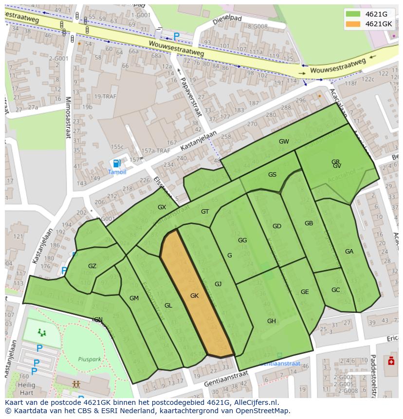 Afbeelding van het postcodegebied 4621 GK op de kaart.