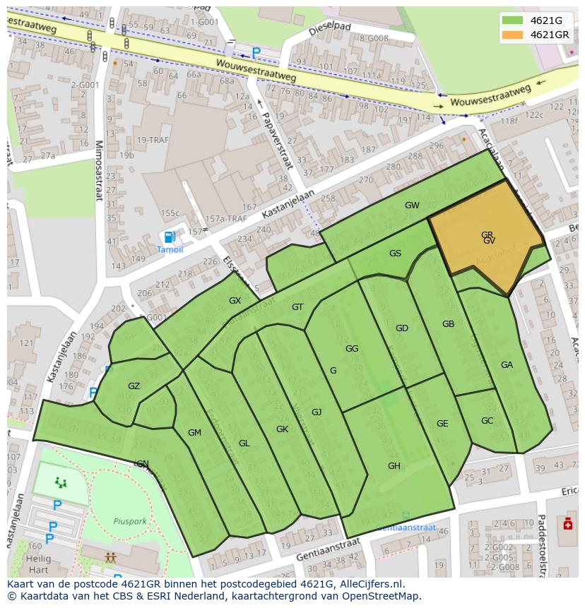 Afbeelding van het postcodegebied 4621 GR op de kaart.