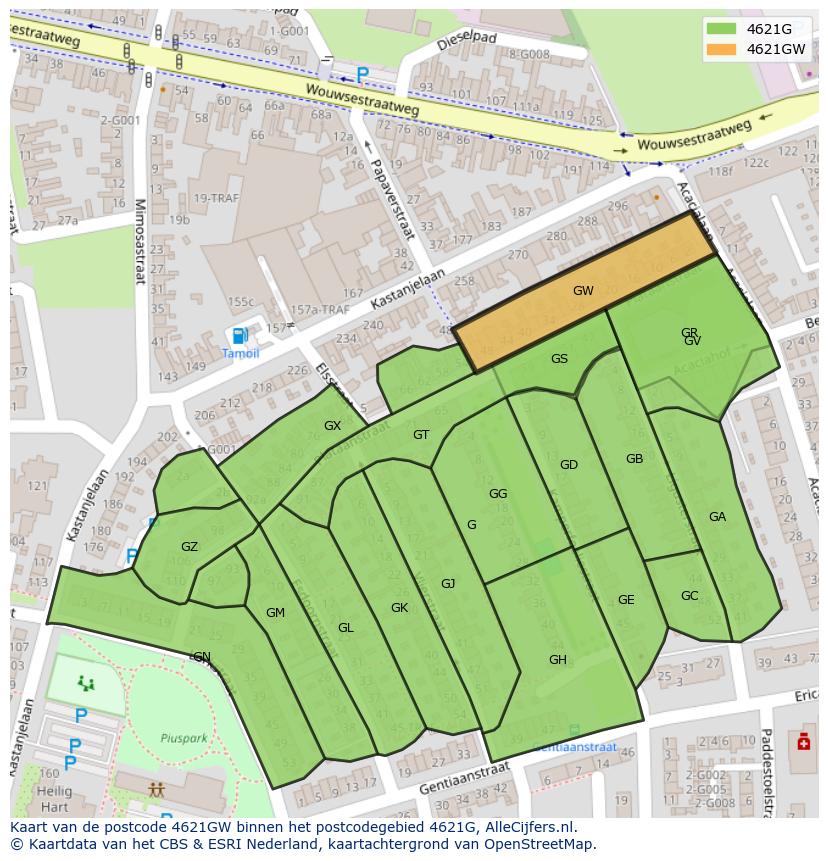 Afbeelding van het postcodegebied 4621 GW op de kaart.
