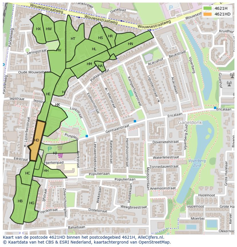Afbeelding van het postcodegebied 4621 HD op de kaart.