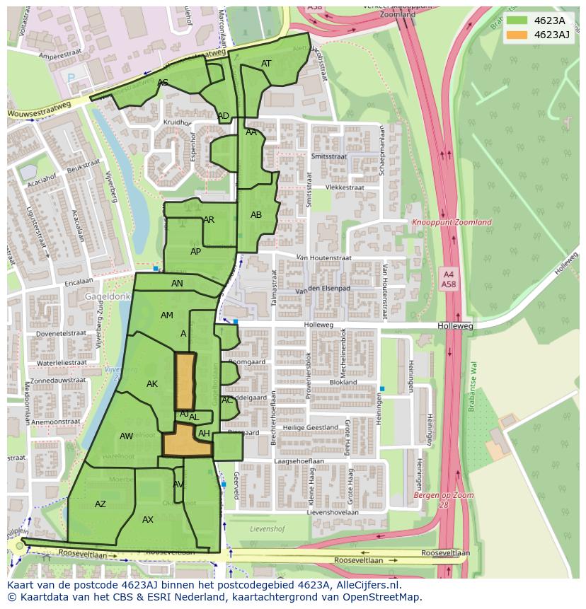 Afbeelding van het postcodegebied 4623 AJ op de kaart.