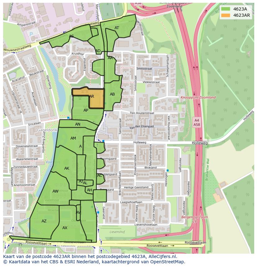 Afbeelding van het postcodegebied 4623 AR op de kaart.