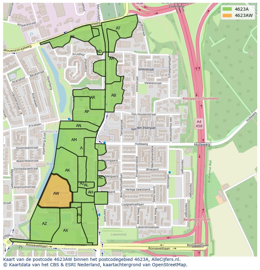Afbeelding van het postcodegebied 4623 AW op de kaart.