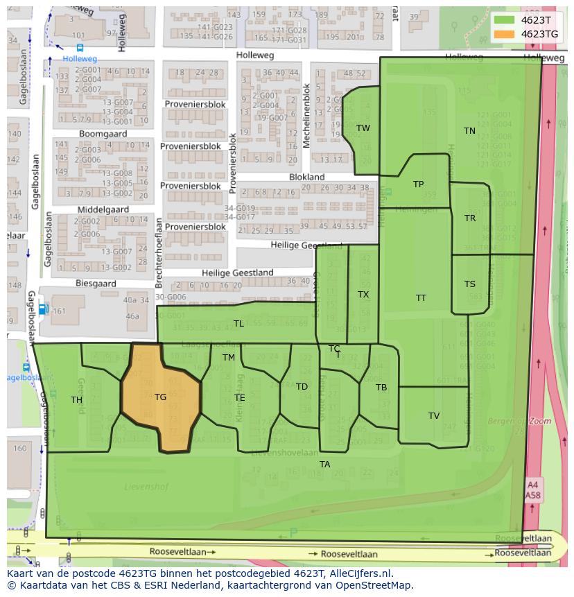 Afbeelding van het postcodegebied 4623 TG op de kaart.