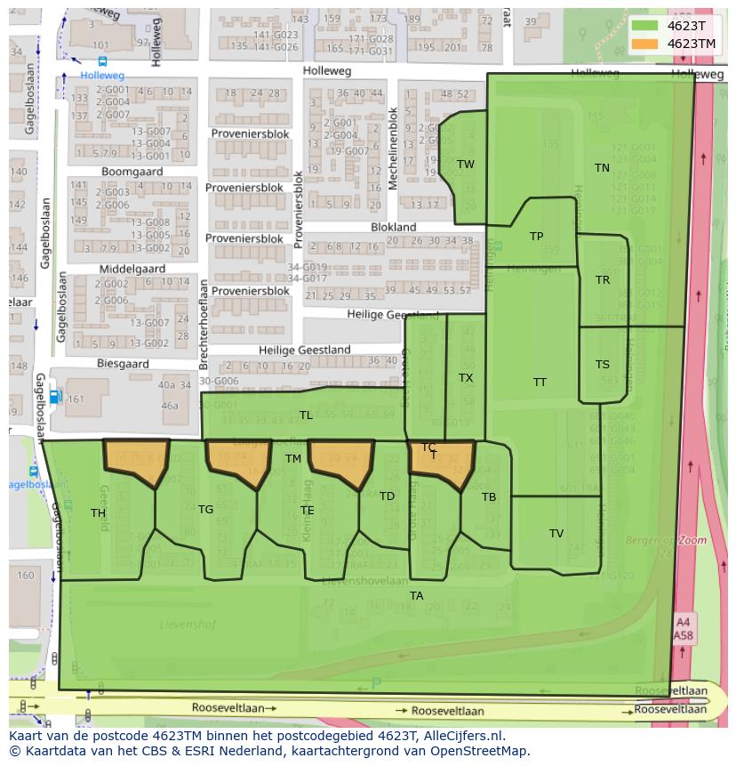 Afbeelding van het postcodegebied 4623 TM op de kaart.