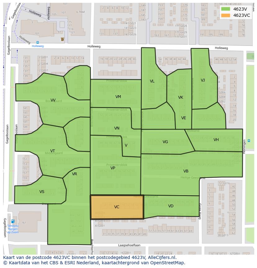 Afbeelding van het postcodegebied 4623 VC op de kaart.