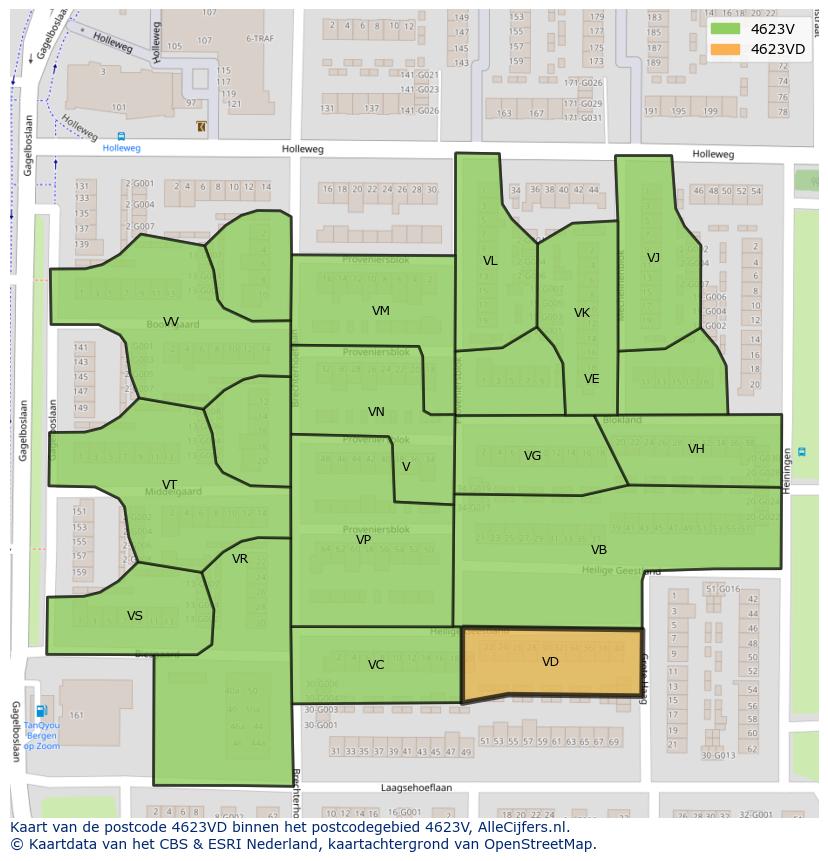 Afbeelding van het postcodegebied 4623 VD op de kaart.