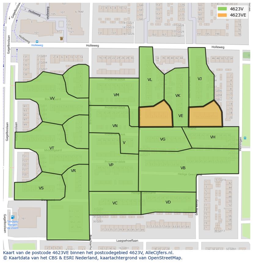 Afbeelding van het postcodegebied 4623 VE op de kaart.