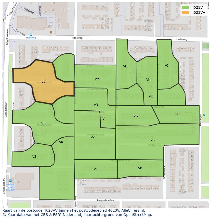 Afbeelding van het postcodegebied 4623 VV op de kaart.