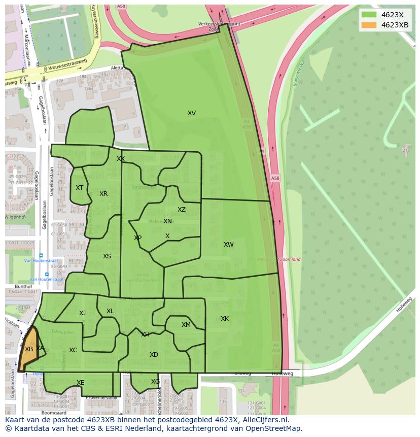 Afbeelding van het postcodegebied 4623 XB op de kaart.