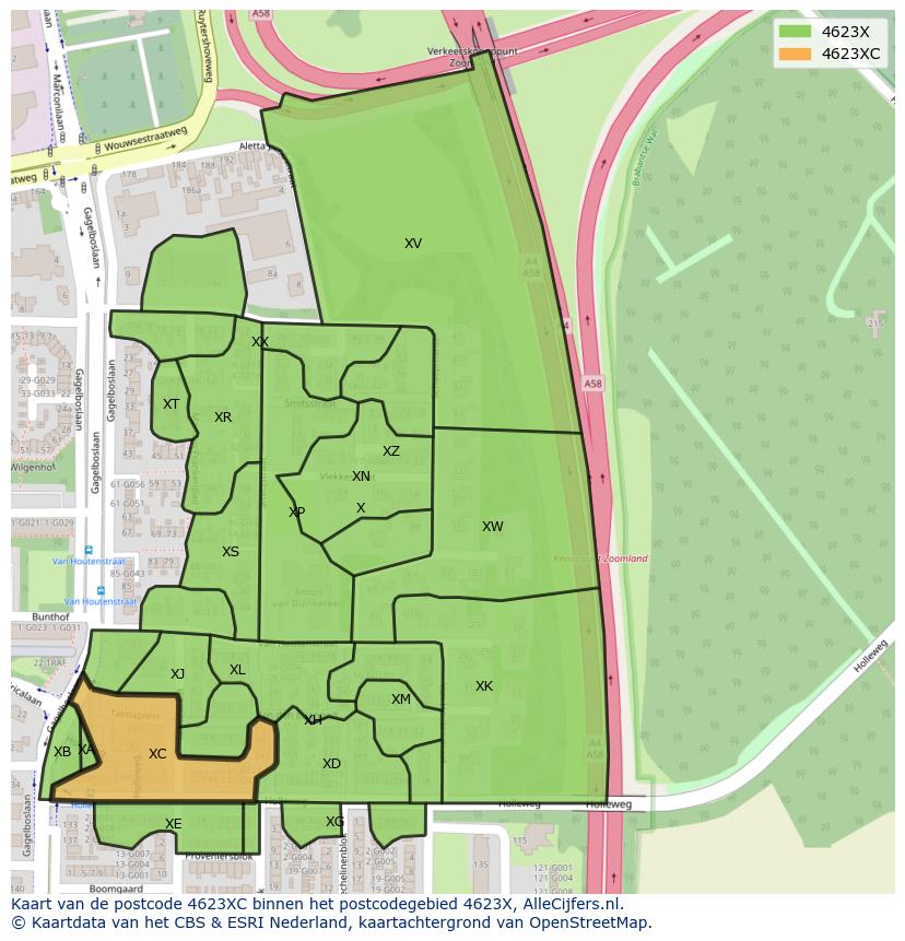 Afbeelding van het postcodegebied 4623 XC op de kaart.