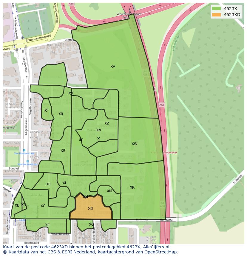 Afbeelding van het postcodegebied 4623 XD op de kaart.