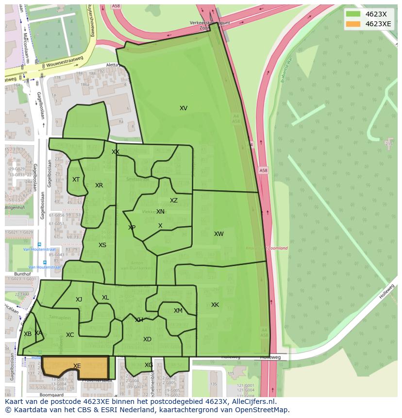 Afbeelding van het postcodegebied 4623 XE op de kaart.