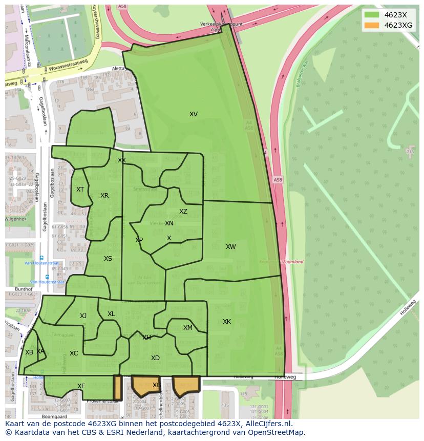 Afbeelding van het postcodegebied 4623 XG op de kaart.