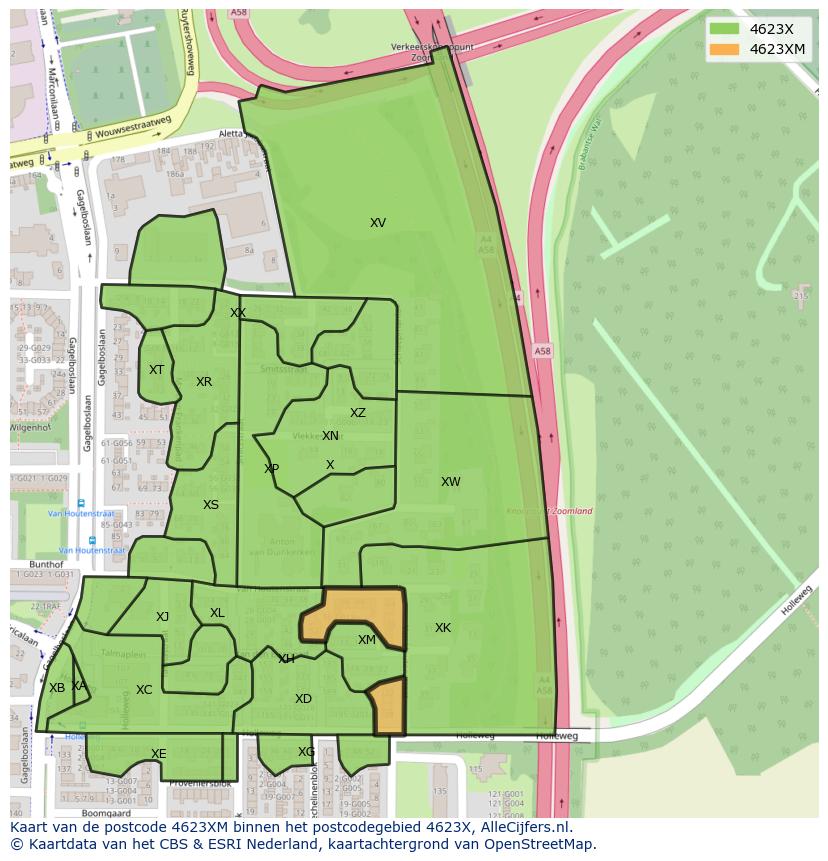 Afbeelding van het postcodegebied 4623 XM op de kaart.