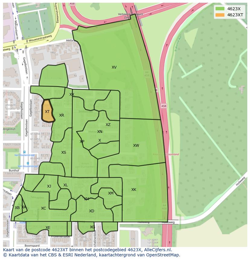 Afbeelding van het postcodegebied 4623 XT op de kaart.