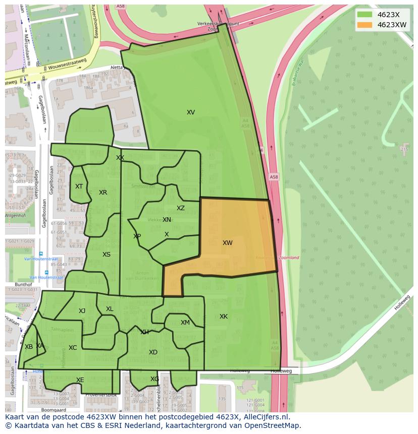 Afbeelding van het postcodegebied 4623 XW op de kaart.