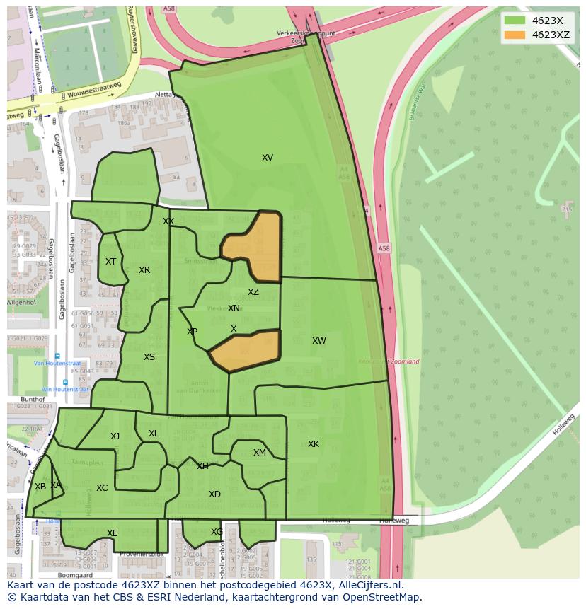 Afbeelding van het postcodegebied 4623 XZ op de kaart.