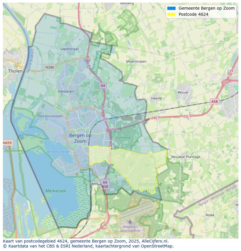 Afbeelding van het postcodegebied 4624 op de kaart.