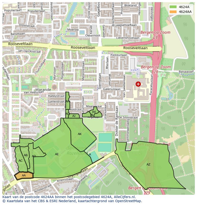 Afbeelding van het postcodegebied 4624 AA op de kaart.