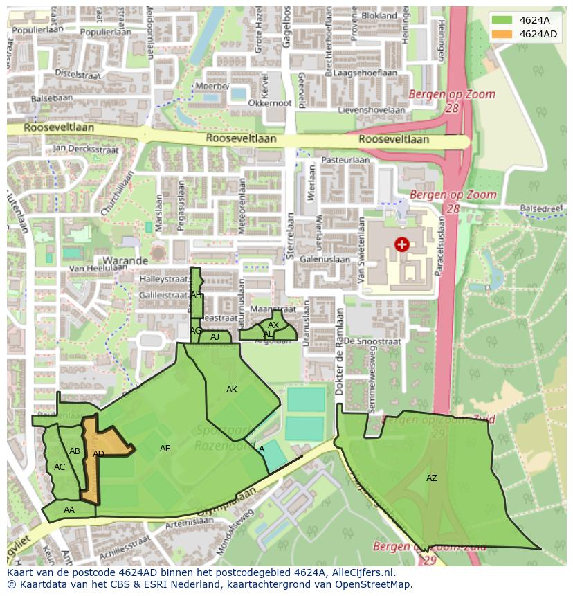 Afbeelding van het postcodegebied 4624 AD op de kaart.