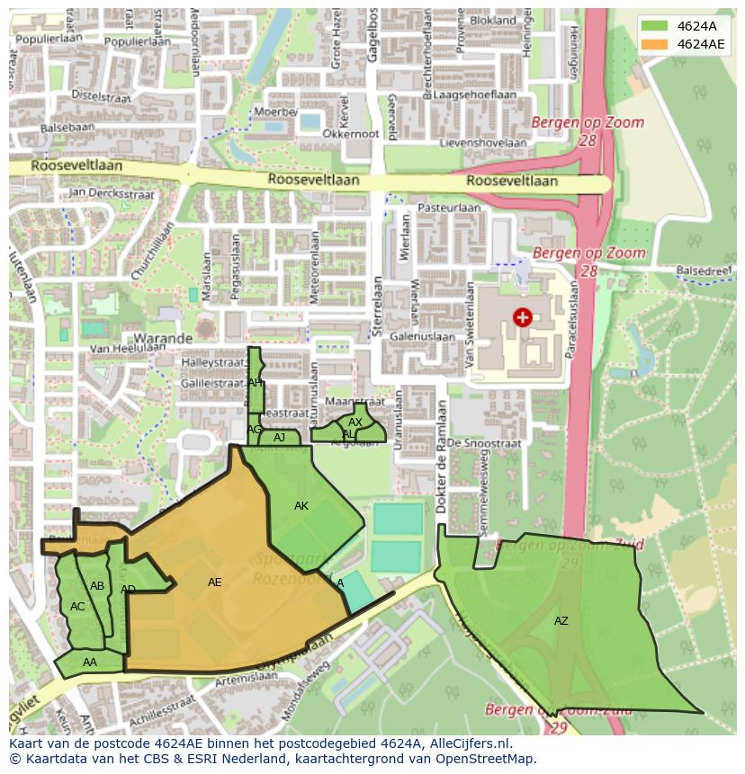 Afbeelding van het postcodegebied 4624 AE op de kaart.