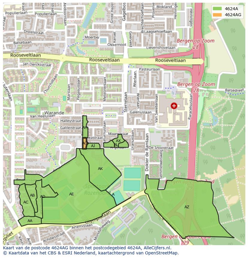 Afbeelding van het postcodegebied 4624 AG op de kaart.