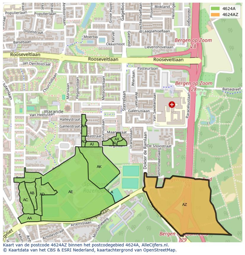 Afbeelding van het postcodegebied 4624 AZ op de kaart.