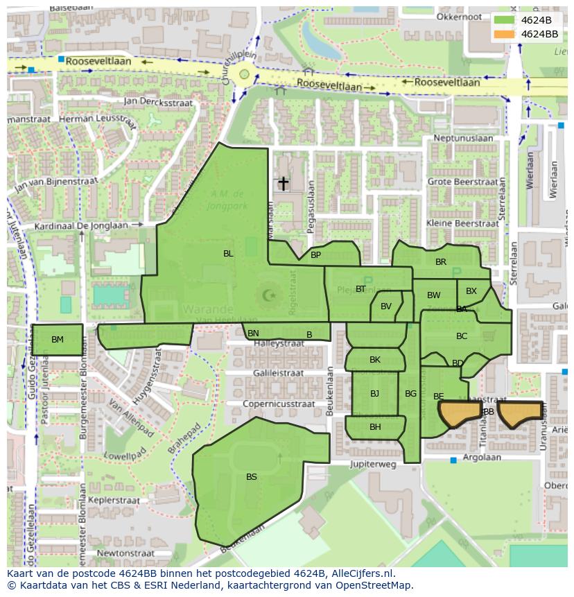 Afbeelding van het postcodegebied 4624 BB op de kaart.