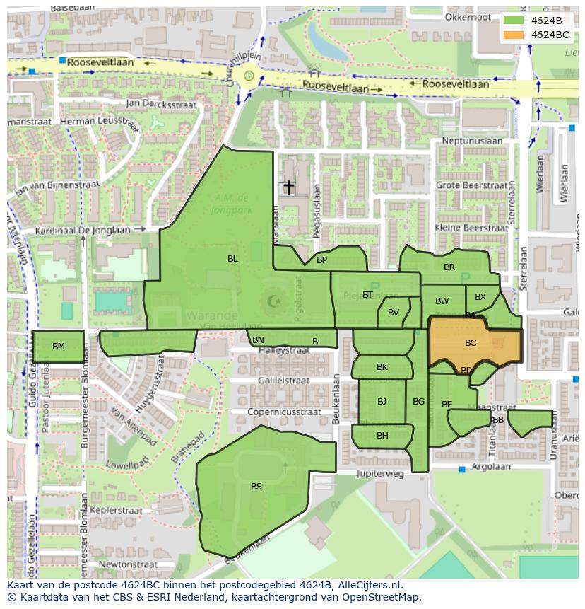 Afbeelding van het postcodegebied 4624 BC op de kaart.