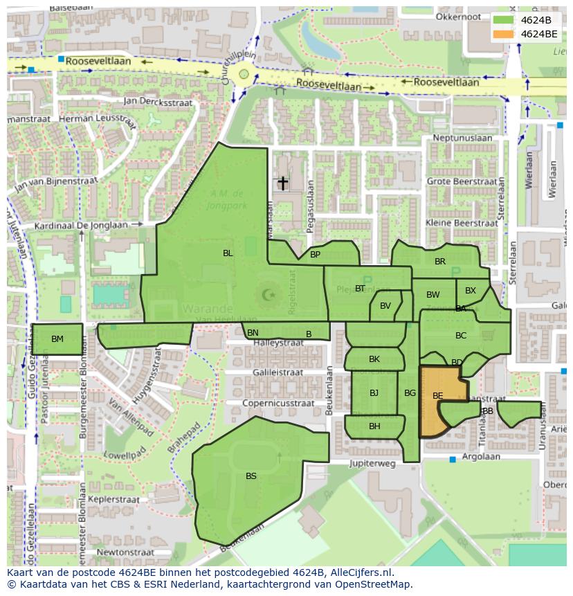 Afbeelding van het postcodegebied 4624 BE op de kaart.